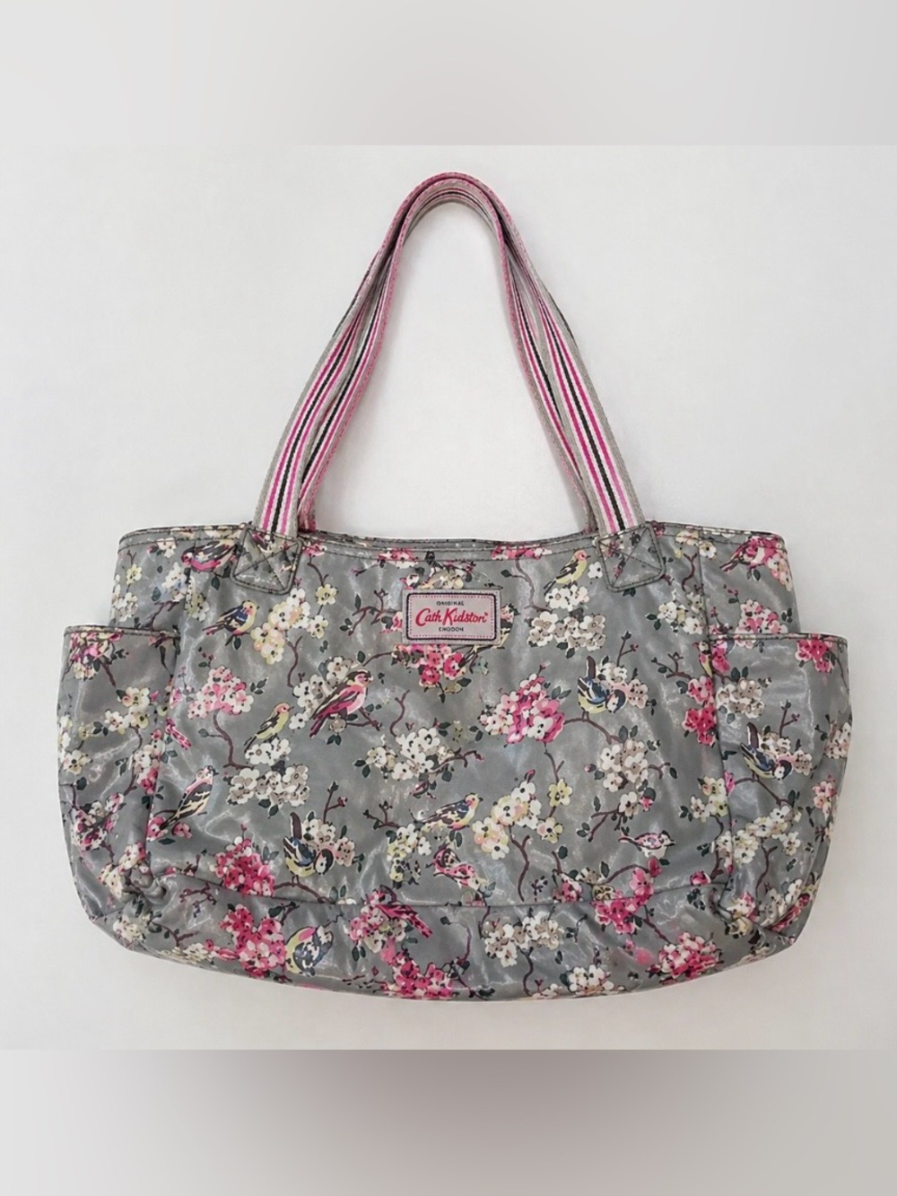 Cath Kidston Gray Floral Bird Print Tote with Pink Accents
